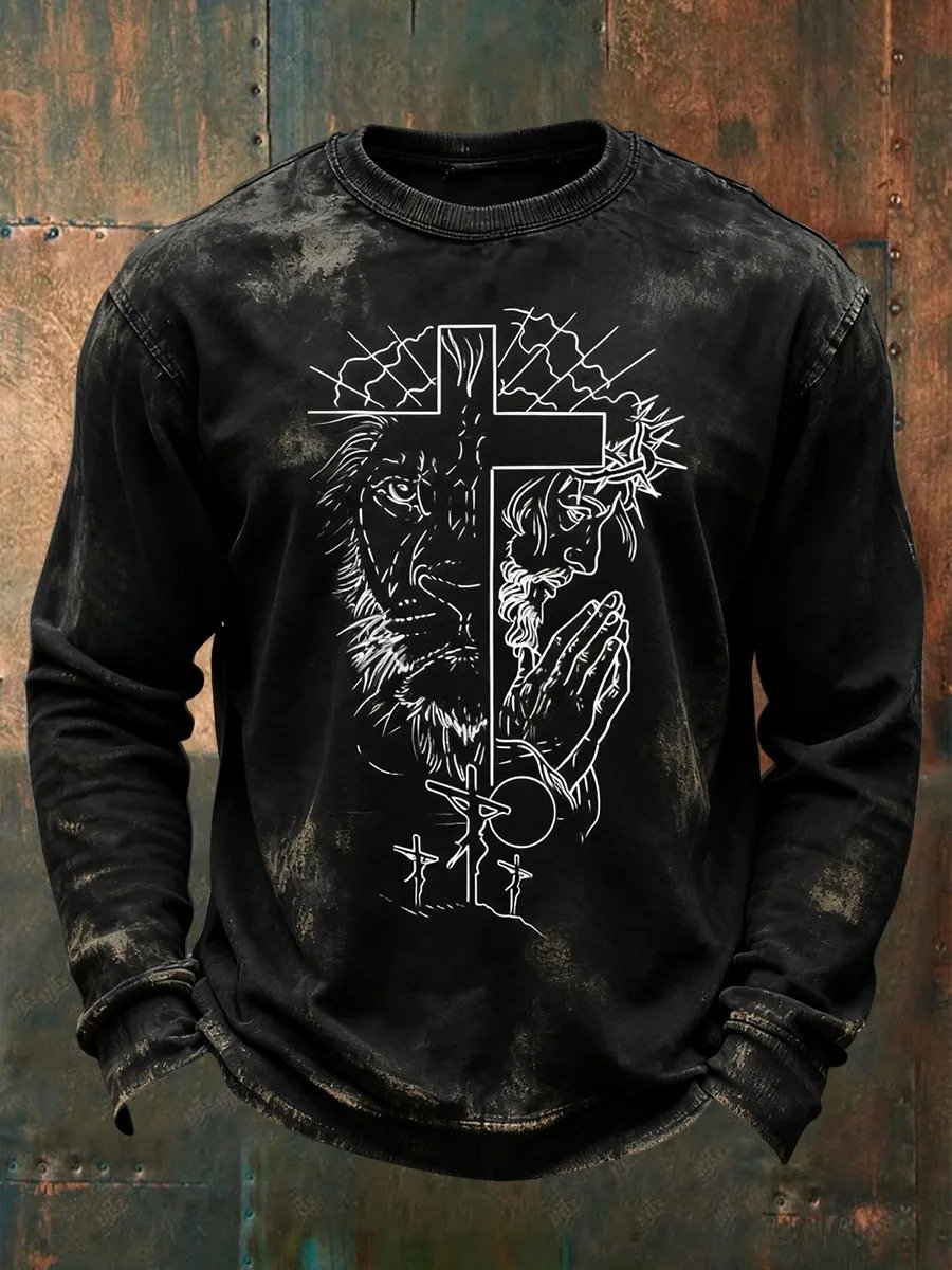 Men's Retro Jesus Faith Printed Crew Neck Sweatshirt