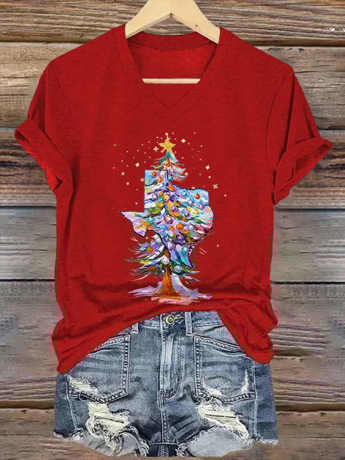 V-Neck Retro Texas Christmas Tree Watercolor Painting Print T-Shirt