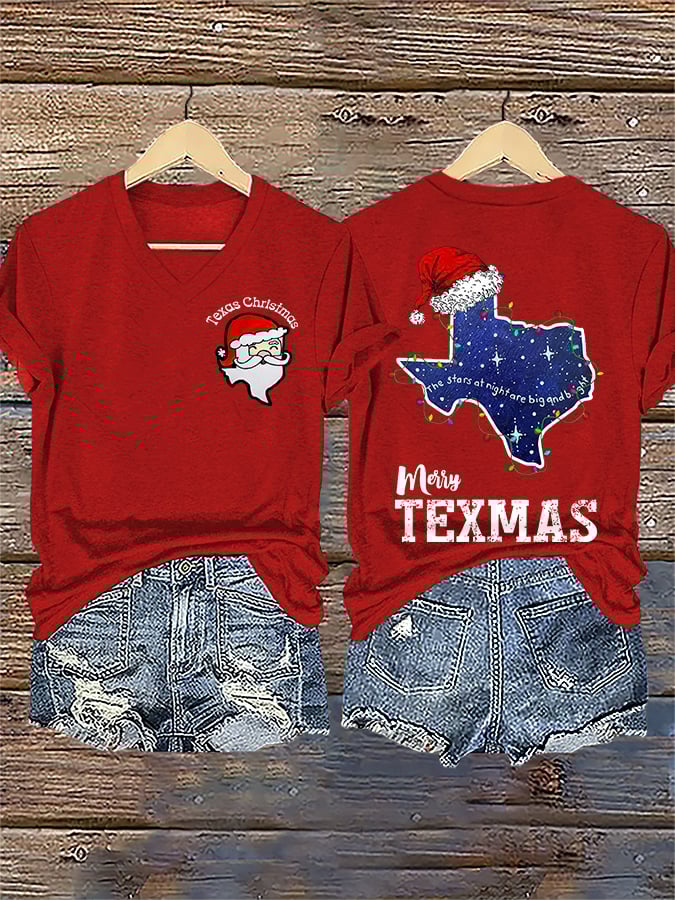 V-Neck Retro Texas Christmas The Stars At Night Are Big And Bright Deep In The Heart Of Texas Print T-Shirt