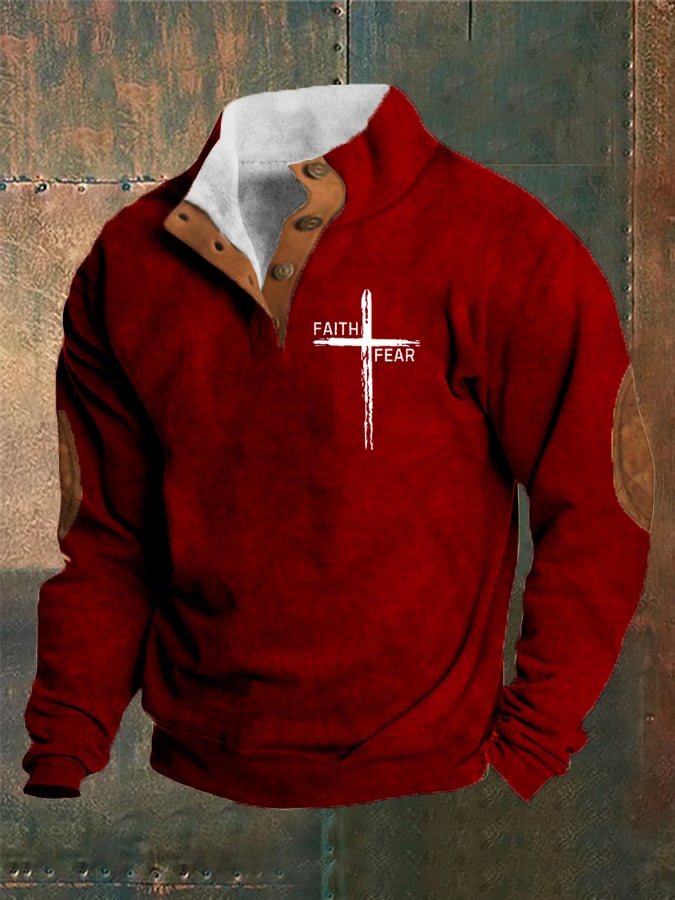 Men's Vintage Faith "Faith Over Fear" Printed Stand Collar Button-Up Sweatshirt