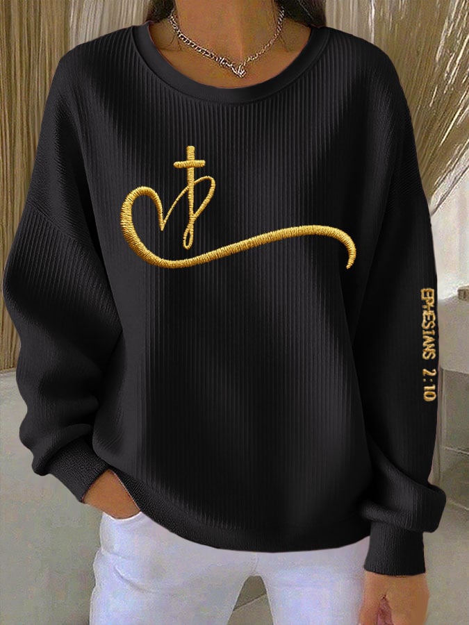 Women's Faith Print Knitted Crew Neck Long Sleeve Top