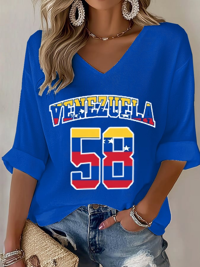 Women's Baseball Print V-Neck Top