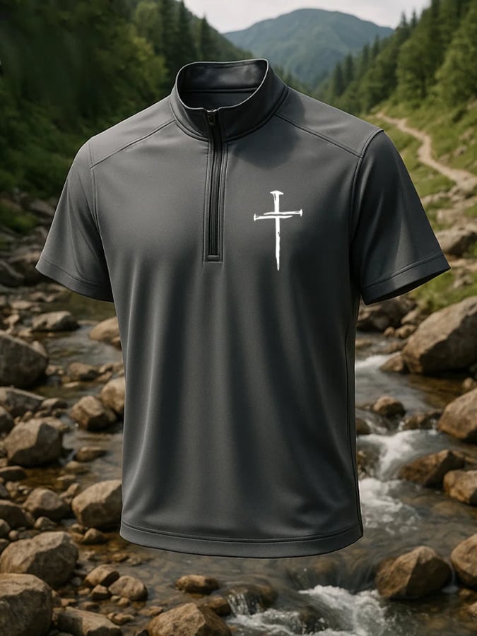 Men's Retro Faith Cross Outdoor Waterproof Quick-Drying Short Zipper T-Shirt