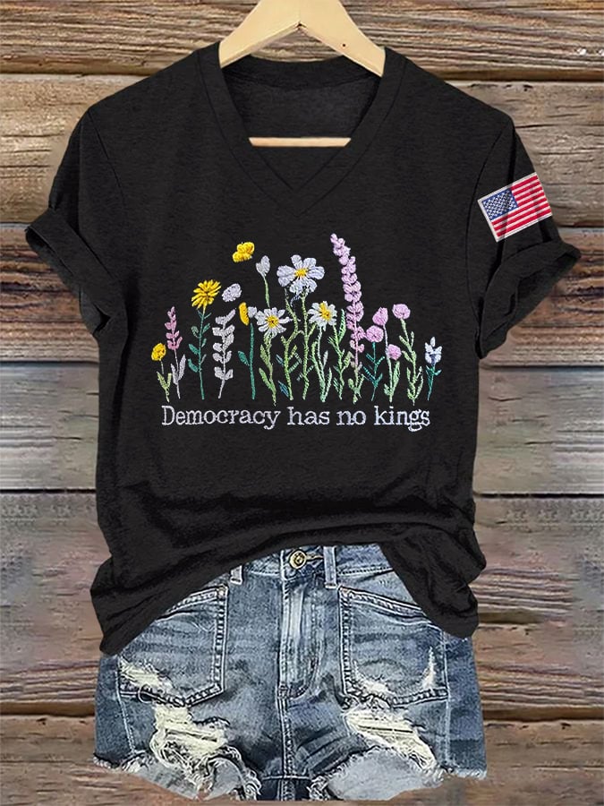 🔥Buy 3 Get 15% Off🔥V-Neck Retro Democracy Has No Kings Print T-Shirt
