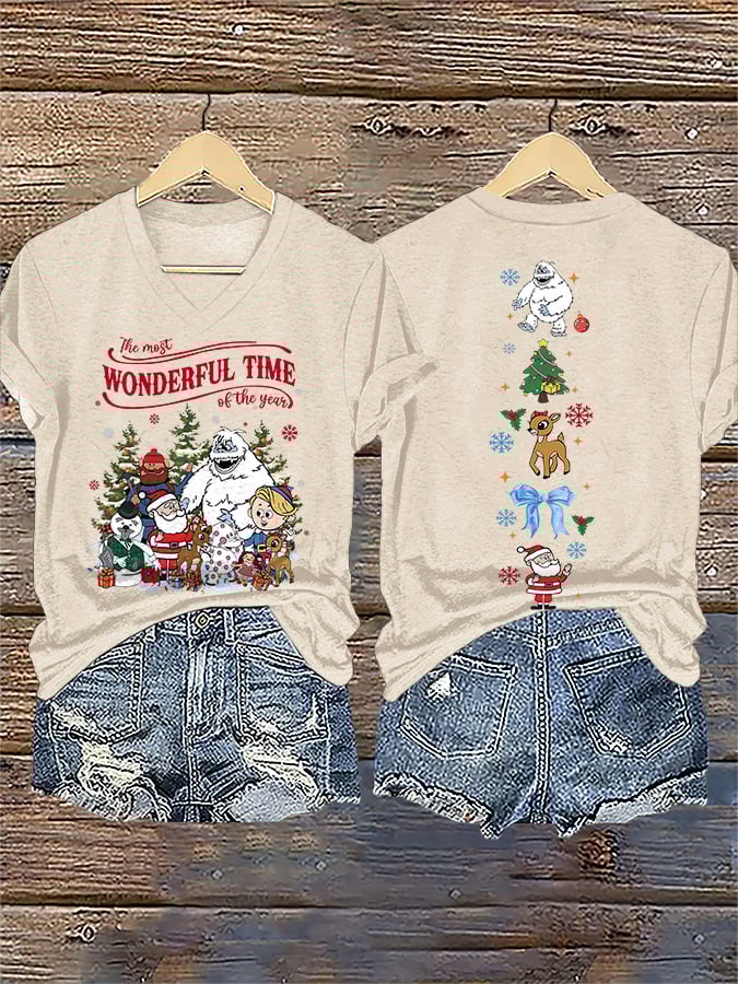 V-Neck Retro Christmas The Most Wonderful Time Of The Year Print T-Shirt