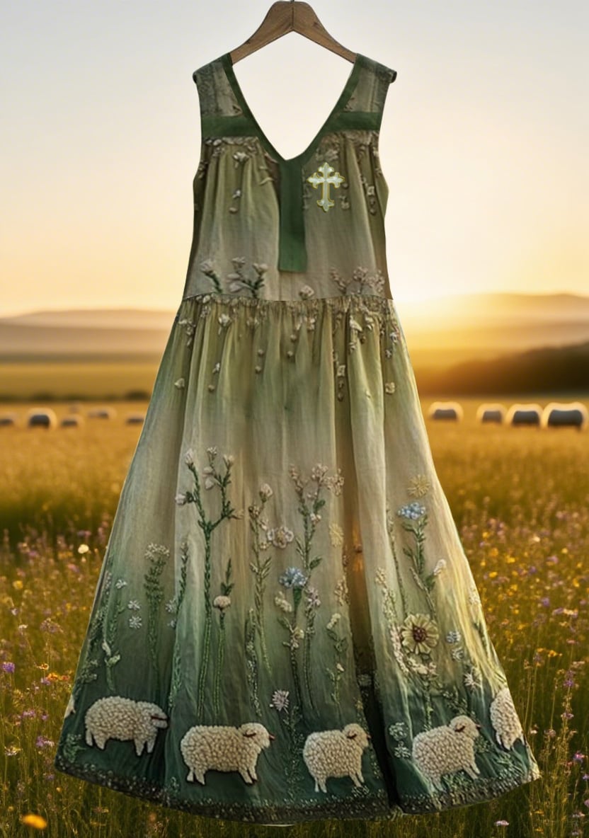 Women's summer cotton and linen three-dimensional sheep cross embroidery print dress