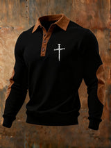 Men's Vintage Faith Cross Print Button Lapel Sweatshirt