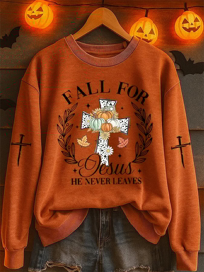 Women's Fall for Jesus Print Casual Sweatshirt