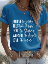 Women's Nativity Believe Trust Life Hope Worship Love Faith Print T-shirt