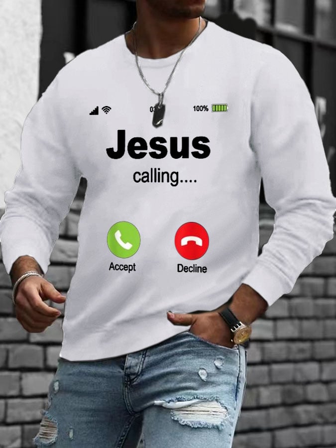 Men's Retro Jesus Calling Printed Long Sleeve Sweatshirt