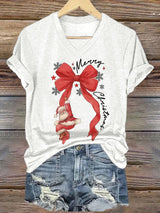 V-Neck Retro Merry Christmas Bow Santa Claus Snowflakes Print T-Shirt