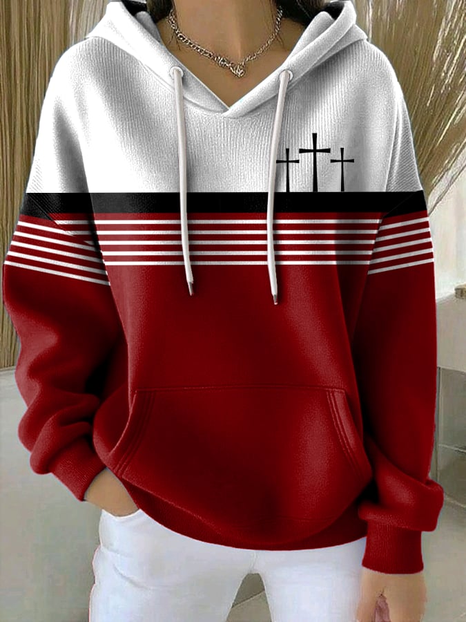 Women's Retro Faith Cross Print Casual Hooded Sweatshirt