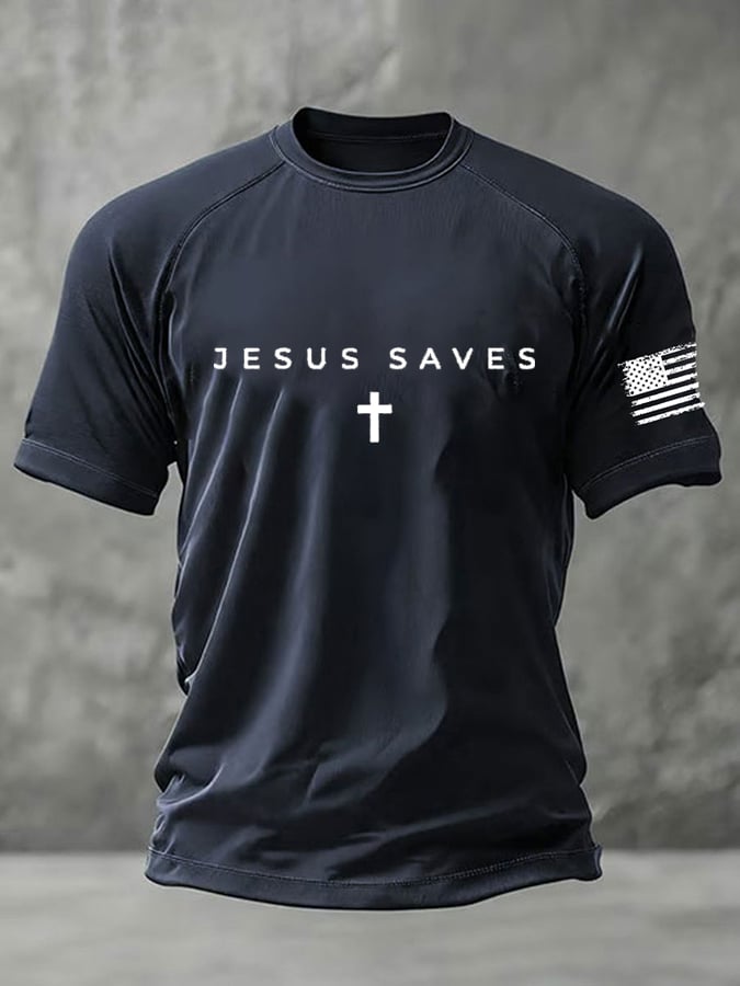 Men's Jesus Saves Faith Print Round Neck T-Shirt