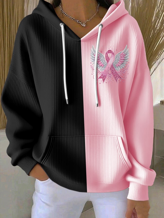 Women's Casual Contrast Pink Ribbon Wings Hoodie