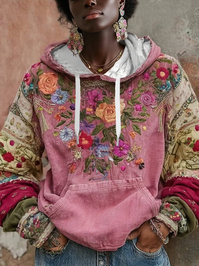 Women's Floral Faux Embroidery Print Hooded Sweatshirt