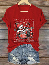 V-Neck Retro Christmas Funny Snowman Hot Cocoa I'm Fine, This Is Fine Just Having A Meltdown Print T-Shirt