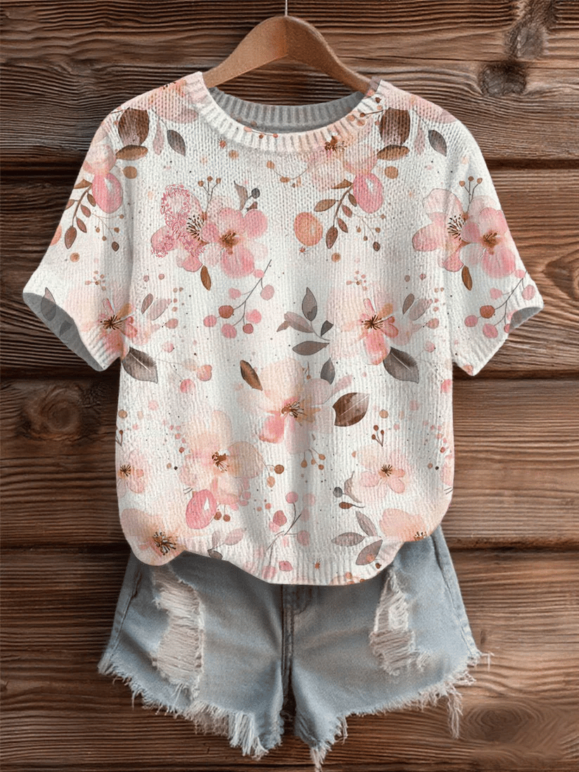 Women's Breast Cancer Floral Art Print Short Sleeve T-Shirt