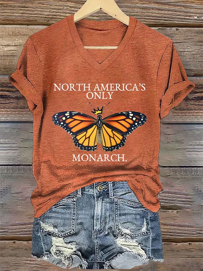 🔥Buy 3 Get 15% Off🔥V-Neck Retro North America’s Only Orange Monarch Print T-Shirt