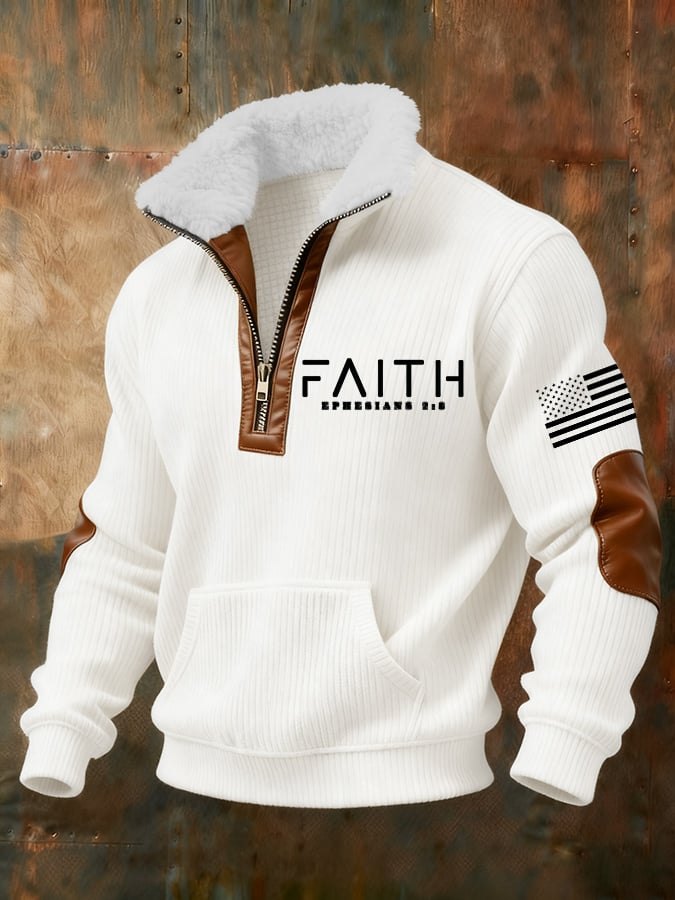Men's Retro Faith Cross Print Zipper Fur Collar Long Sleeve Sweatshirt