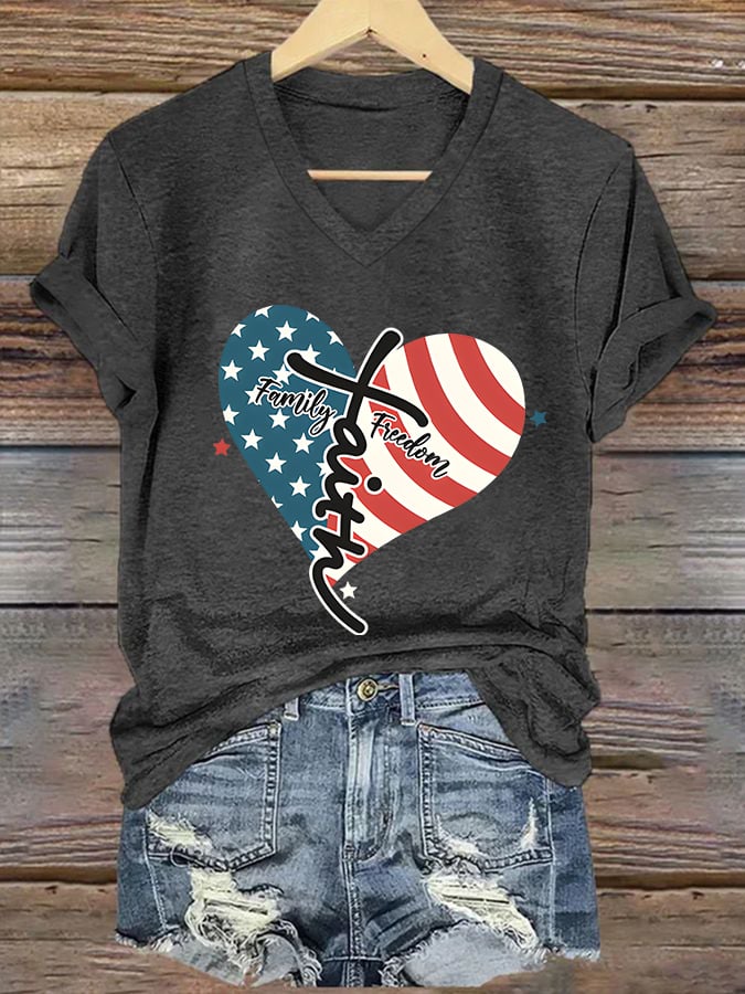 Women's Casual Faith Pattern Printed V-Neck Short Sleeve T-Shirt
