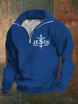 Men's Retro Faith "Jesus Saved My Life" Printed Stand Collar Zipper Sweatshirt