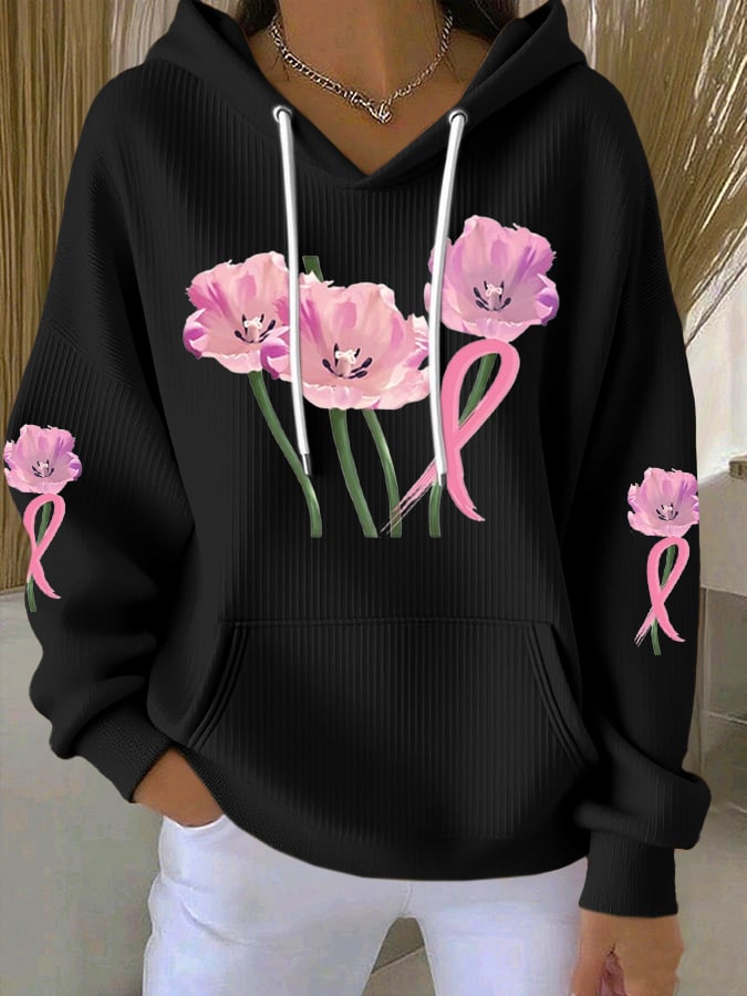 Women's Pink Print Casual Hooded Sweatshirt