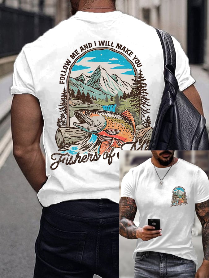Men's Vintage Christian Fishing Print T-Shirt