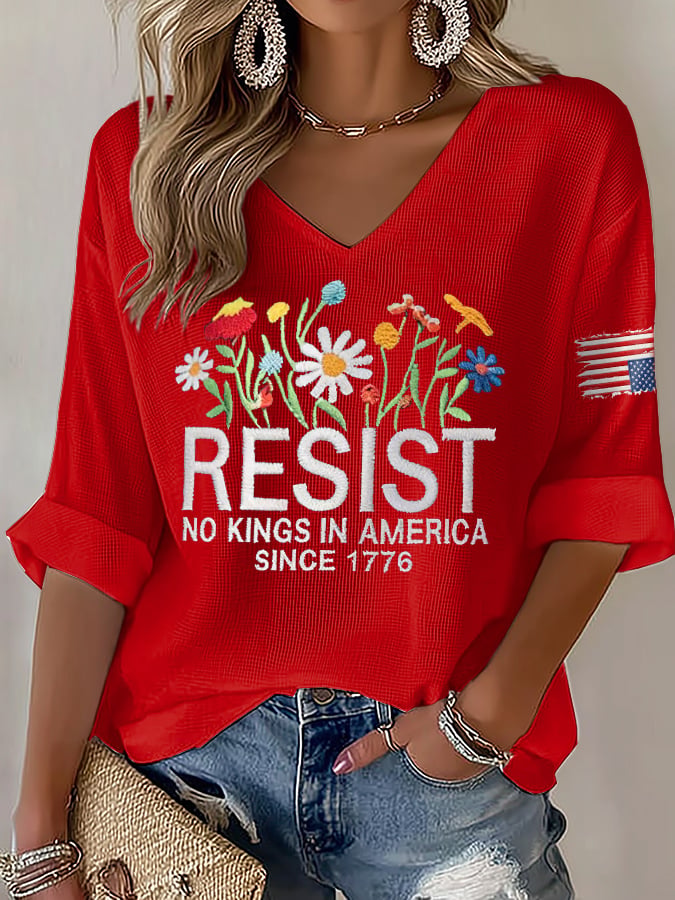 🔥Buy 3 Get 15% Off🔥V-Neck Retro Resist No Kings In America Since 1776 Print T-Shirt