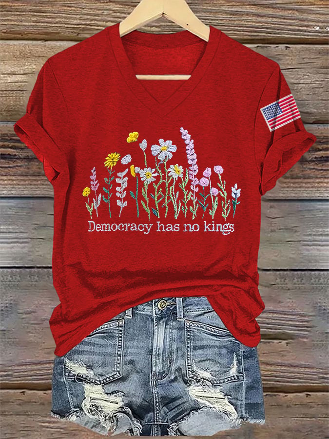 🔥Buy 3 Get 15% Off🔥V-Neck Retro Democracy Has No Kings Print T-Shirt
