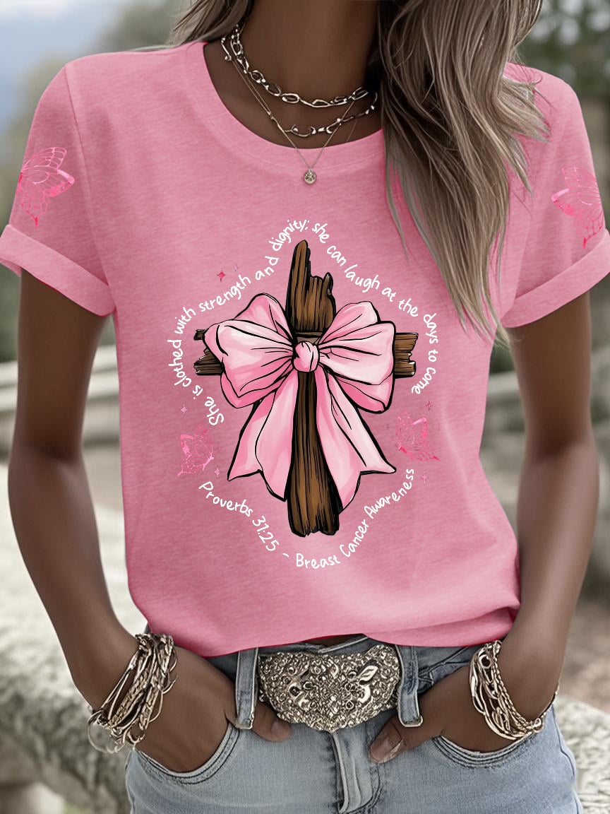 Retro Breast Cancer Awareness Faith Cross Pink Ribbon She Is Clothed With Strength And Dignity; She Can Laugh At The Days To Come Proverbs 31:25 Print T-Shirt