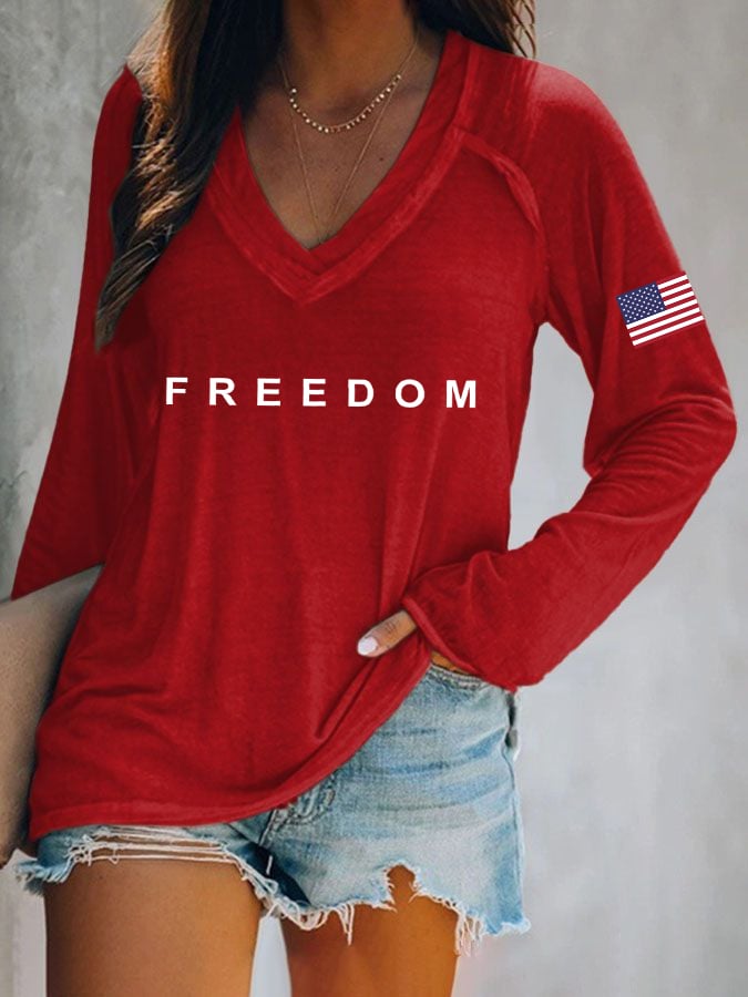Women's Freedom American Flag Print Casual T-Shirt
