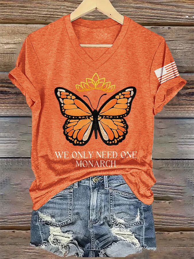 🔥Buy 3 Get 15% Off🔥V-Neck Retro No Kings We Only Need One Monarch Butterfly  Print T-Shirt