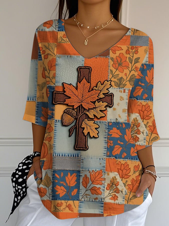 Women'S Casual Autumn Faith V-neck T-shirt