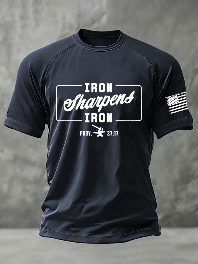 Men's Iron Sharpens Iron – Prov. 27:17 Faith Print Round Neck T-Shirt