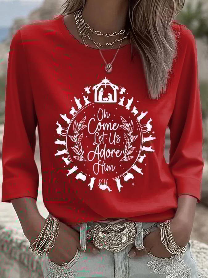 Women's Come Let Us Worship Him Together Faith Printed T-shirt