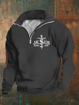 Men's Retro Faith "Jesus Saved My Life" Printed Stand Collar Zipper Sweatshirt