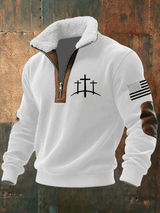 Men's Faith Print Knitted Fabric Zipper Fur Collar Long-Sleeved Sweatshirt