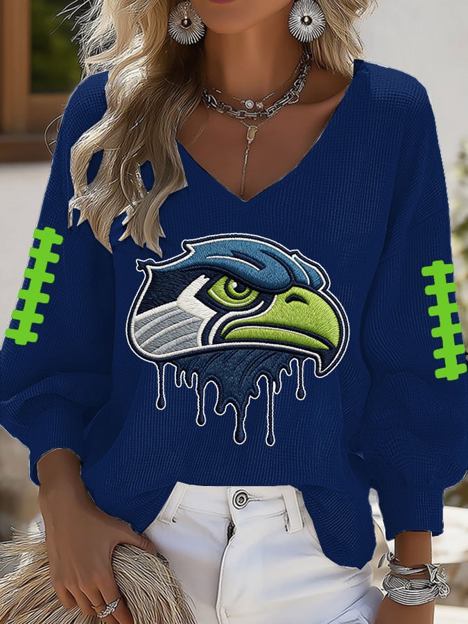 Women's Football Print V-neck Waffle Knit T-shirt