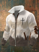 Men's Retro Color Block Print Plush Zip-Up Sweatshirt