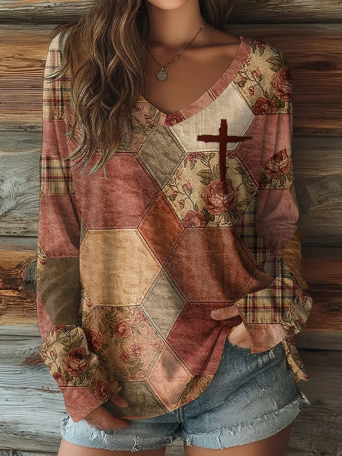 Women's Breast Cancer Awareness Pink Floral Art Print Casual V-Neck Long Sleeve T-Shirt