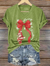 V-Neck Retro Merry Christmas Bow Santa Claus Snowflakes Print T-Shirt
