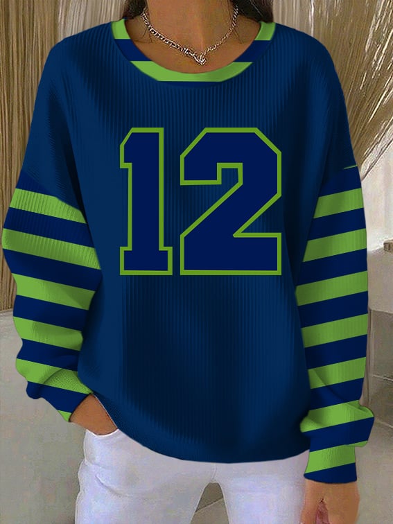 Women's Rugby Print Knit Crew Neck Long Sleeve Top