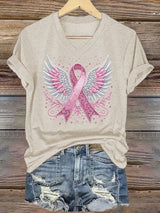 Women's casual pink ribbon wings T-shirt