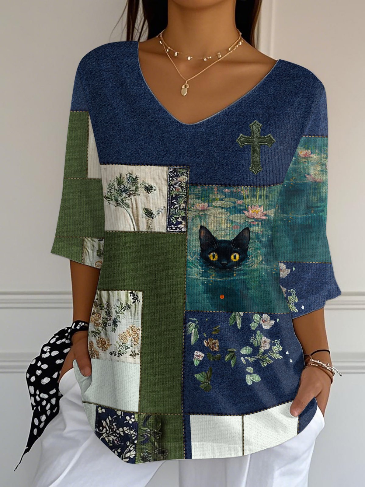 Women's Faith Oil Painting Black Cat Print V-Neck Long Ribbed Top