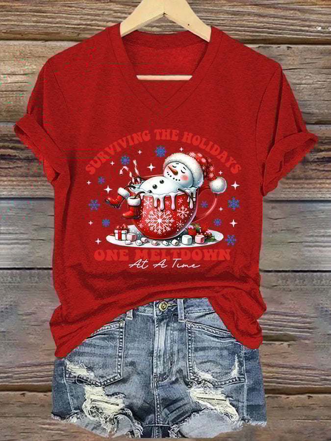V-Neck Retro Christmas Snowman In Coffee Surviving The Holidays One Meltdown At A Time Print T-Shirt