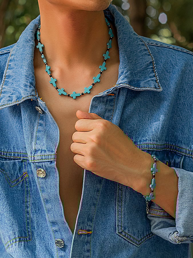 Men's Faith Simple Turquoise Cross Necklace