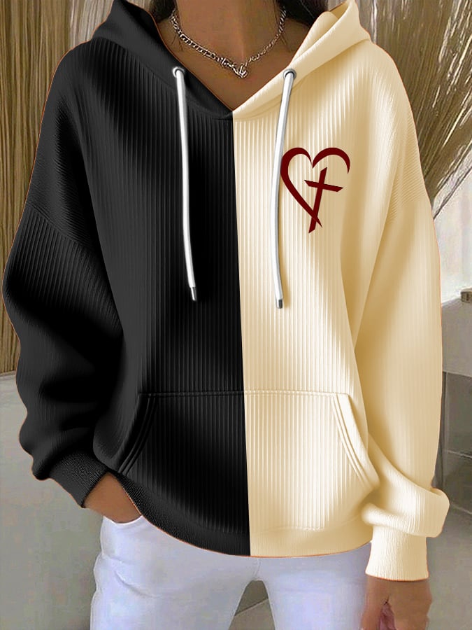 Women's Casual Retro Faith Contrast Color Textured Hoodie