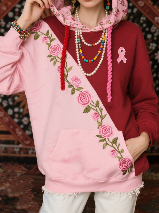 Women's Casual Breast Cancer Awareness Floral Ombre Print Sweatshirt