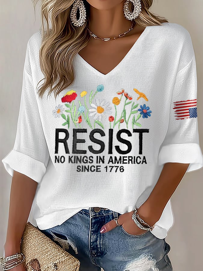 🔥Buy 3 Get 15% Off🔥V-Neck Retro Resist No Kings In America Since 1776 Print T-Shirt