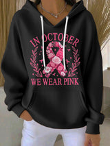 Women's Casual Floral Ribbon October We Wear Pink Textured Hoodie